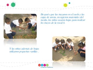Después que las trazaron en el suelo y las cajas de arena, recogieron materiales del medio, los niños usaron hojas para realizar los trazos de la vocal A. Y las niñas además de hojas utilizaron pequeñas varillas . 