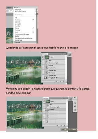 Quedando así este panel con lo que había hecho a la imagen




Movemos ese cuadrito hasta el paso que queremos borrar y le damos
donde3 dice eliminar
 