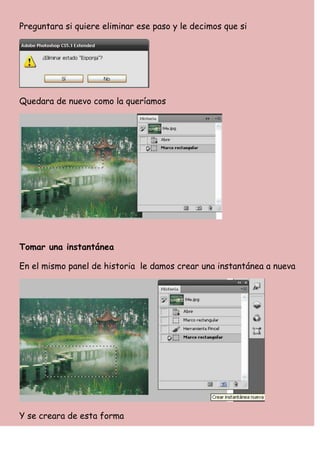 Preguntara si quiere eliminar ese paso y le decimos que si




Quedara de nuevo como la queríamos




Tomar una instantánea

En el mismo panel de historia le damos crear una instantánea a nueva




Y se creara de esta forma
 