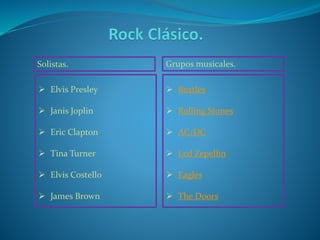 Solistas. Grupos musicales.
 Elvis Presley
 Janis Joplin
 Eric Clapton
 Tina Turner
 Elvis Costello
 James Brown
 Beatles
 Rolling Stones
 AC/DC
 Led Zepellin
 Eagles
 The Doors
 