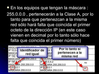 En los equipos que tengan la máscara : 255.0.0.0 , pertenecerán a la Clase A, por lo tanto para que pertenezcan a la misma red sólo hará falta que coincida el primer octeto de la dirección IP (en este caso vienen en decimal por lo tanto sólo hace falta que coincida el primer número) 