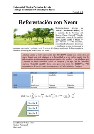3333750Reforestación con NeemReforestación con Neem<br />165108890000Reforestación con árboles de Neem  (Azadirachta indica), en 6 cantones de la Provincia del Guayas: Playas (General Villamil), Santa Lucía, Lomas de Sargentillo, Isidro Ayora, Nobol y Salitre, lo que equivale a 1.751 hectáreas, consolidando el número de árboles a sembrarse, y, que corresponde a cantones, parroquias y recintos,  en la Provincia del Guayas, totalmente desbastados por la mano del hombre y por la erosión de sus suelos.-<br />616585111125América Latina, y entre esos nuestro país ECUADOR, sufren hace varios años, el mayor flagelo que está afectando a la humanidad, y a sus suelos, siendo ésta, la deforestación, ocasionadas por la mano depredadora del hombre, y, que a la larga será y causará un daño irreversible, difícil de recuperar, y es aquí, que la Fundación Agrícola “Tierra Verde”, tiene varios proyectos, entre ellos REFORESTAR enormes áreas de nuestra patria, de manera especial, la Provincia del Guayas.-00América Latina, y entre esos nuestro país ECUADOR, sufren hace varios años, el mayor flagelo que está afectando a la humanidad, y a sus suelos, siendo ésta, la deforestación, ocasionadas por la mano depredadora del hombre, y, que a la larga será y causará un daño irreversible, difícil de recuperar, y es aquí, que la Fundación Agrícola “Tierra Verde”, tiene varios proyectos, entre ellos REFORESTAR enormes áreas de nuestra patria, de manera especial, la Provincia del Guayas.-<br /> <br />ENEROFEBREROMARZO2008TriángulosCuadradosCirculos2009CuadradosCirculosTriángulos2010CirculosTriángulosCuadrados<br />fx=a0+n=1∞ancosnπxL+bnsinnπxL+e-iωt+limn->∞1+1nn<br />