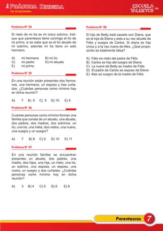 Problema N° 34
El nieto de mi tía es mi único sobrino. Indi-
que que parentesco tiene conmigo el tío de
mi primo, si se sabe que es el tío abuelo de
mi sobrino, además mi tía tiene un solo
hermano.
A) mi hermano B) mi tío
C) mi padre D) mi abuelo
E) mi primo
Problema N° 35
En una reunión están presentes dos herma-
nos, una hermana, un esposo y tres cuña-
dos. ¿Cuántas personas como mínimo hay
en dicha reunión?
A) 7 B) 5 C) 9 D) 10 E) 4
Problema N° 36
Cuantas personas como mínimo forman una
familia que consta de un abuelo, una abuela,
dos padres, dos madres, dos sobrinos, un
tío, una tía, una nieta, dos nietos, una nuera,
una suegra y un suegro?
A) 7 B) 8 C) 9 D) 10 E) 11
Problema N° 37
En una reunión familiar se encuentran
presentes un abuelo, dos padres, una
madre, dos hijos, una hija, un nieto, una tía,
un sobrino, una esposa, un esposo, una
nuera, un suegro y dos cuñadas. ¿Cuántas
personas como mínimo hay en dicha
reunión?
A) 3 B) 4 C) 5 D) 6 E) 8
Problema N° 38
El hijo de Betty está casado con Diana, que
es la hija de Elena y esta a su vez abuela de
Félix y suegra de Carlos. Si diana es hija
única y a la vez nuera de Alex, ¿Qué propo-
sición es totalmente falsa?
A) Félix es nieto del padre de Félix
B) Carlos es hijo del suegro de Diana
C) La nuera de Betty es madre de Félix
D) El padre de Carlos es esposo de Elena
E) Alex es suegro de la madre de Félix
7Parentescos
ESCUELA de
TALENTOS
1era
4TO DE SECUNDARIA
 