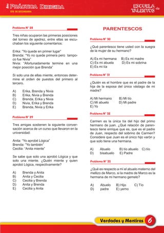 PARENTESCOSProblema N° 28
Tres niñas ocuparon las primeras posiciones
del torneo de ajedrez, entre ellas se escu-
chaban los siguiente comentarios:
Erika: “Yo quede en primer lugar”
Brenda: “Yo no quede primera pero tampo-
co fue Nivia”
Nivia: “Afortunadamente termine en una
mejor posición que Brenda”
Si solo una de ellas miente, entonces deter-
mine el orden de puestos del primero al
tercero.
A) Erika, Brenda y Nivia
B) Erika, Nivia y Brenda
C) Brenda, Erika y Nivia
D) Nivia, Erika y Brenda
E) Brenda, Nivia y Erika
Problema N° 30
¿Qué parentesco tiene usted con la suegra
de la mujer de su hermano?
A) Es mi hermana B) Es mi madre
C) Es mi abuela D) Es mi sobrina
E) Es mi tía
Problema N° 31
¿Quién es el hombre que es el padre de la
hija de la esposa del único vástago de mi
madre?
A) Mi hermano B) Mi tío
C) Mi abuelo D) Mi padre
E) Yo
Problema N° 32
Carmen es la única tía del hijo del primo
hermano de juan. ¿Qué relación de paren-
tesco tiene enrique que es, que es el padre
de Juan, respecto del sobrino de Carmen?
Considere que Juan es el único hijo varón y
que solo tiene una hermana.
A) Abuelo B) tío abuelo C) tío
D) bisabuelo E) Padre
Problema N° 33
¿Qué es respecto a mí el abuelo materno del
mellizo de Marco, si la madre de Marco es la
hermana de mi hermano gemelo?
A) Abuelo B) Hijo C) Tío
D) padre E) yerno
Problema N° 29
Tres amigas sostienen la siguiente conver-
sación acerca de un curso que llevaron en la
universidad:
Anita: “Yo aprobé Lógica”
Brenda: “Yo también”
Cecilia: “Anita miente”
Se sabe que solo una aprobó Lógica y que
solo una miente. ¿Quién miente y quien
aprobó Lógica, respectivamente?
A) Brenda y Anita
B) Anita y Cecilia
C) Cecilia y Brenda
D) Anita y Brenda
E) Cecilia y Anita
6Verdades y Mentiras
ESCUELA de
TALENTOS
1era
5TO DE SECUNDARIA
 