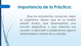 Importancia de la Práctica:
Que los estudiantes conozcan mejor
su organismo. Sepan que en su interior
existen fluidos, que desempeñan una
función específica, y que además nos
ayudan a descubrir si padecemos alguna
enfermedad a través de su estudio.
 