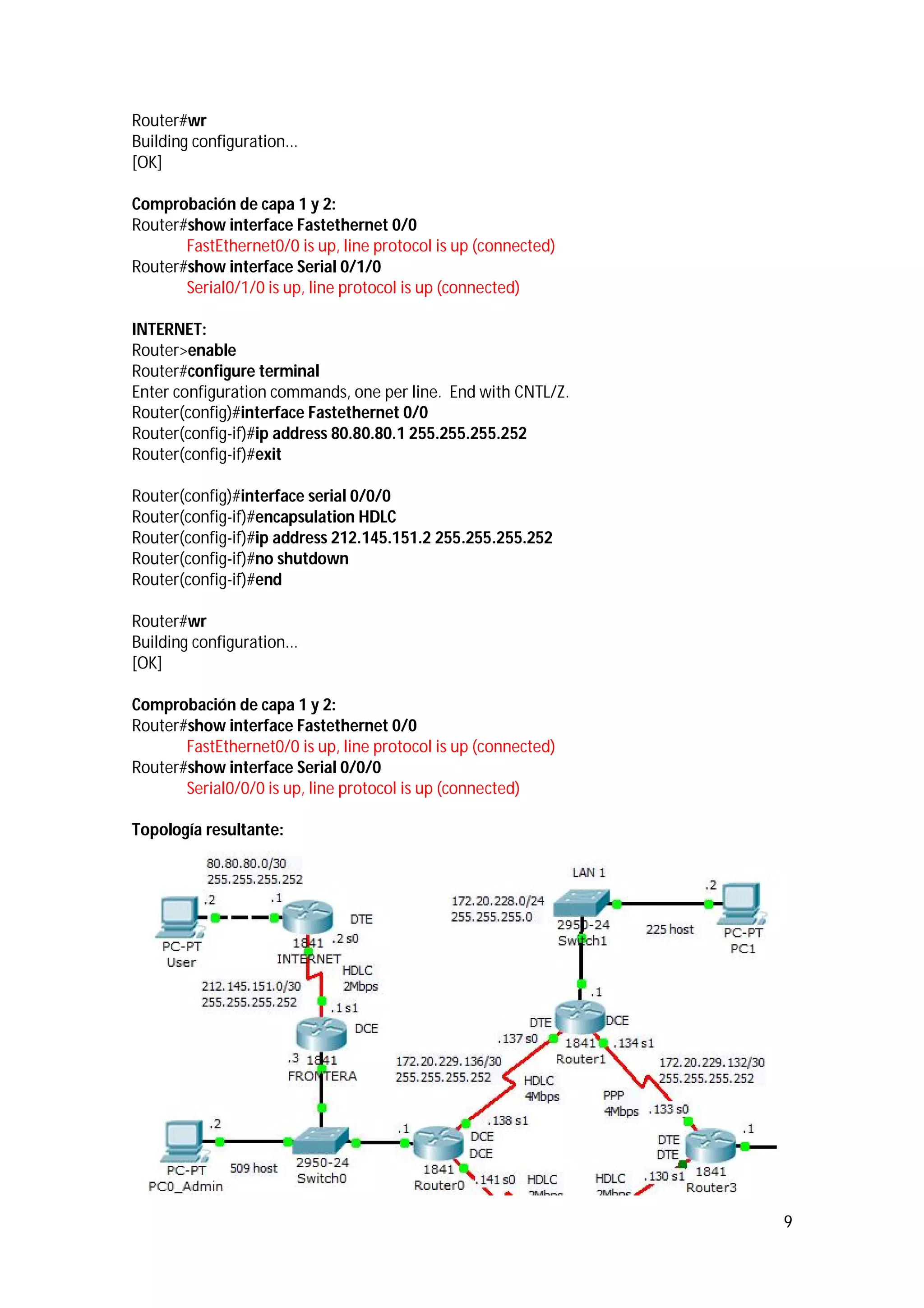 Router#wr
Building configuration...
[OK]
Comprobación de capa 1 y 2:
Router#show interface Fastethernet 0/0
FastEthernet0/0 is up, line protocol is up (connected)
Router#show interface Serial 0/1/0
Serial0/1/0 is up, line protocol is up (connected)
INTERNET:
Router>enable
Router#configure terminal
Enter configuration commands, one per line. End with CNTL/Z.
Router(config)#interface Fastethernet 0/0
Router(config-if)#ip address 80.80.80.1 255.255.255.252
Router(config-if)#exit
Router(config)#interface serial 0/0/0
Router(config-if)#encapsulation HDLC
Router(config-if)#ip address 212.145.151.2 255.255.255.252
Router(config-if)#no shutdown
Router(config-if)#end
Router#wr
Building configuration...
[OK]
Comprobación de capa 1 y 2:
Router#show interface Fastethernet 0/0
FastEthernet0/0 is up, line protocol is up (connected)
Router#show interface Serial 0/0/0
Serial0/0/0 is up, line protocol is up (connected)
Topología resultante:

9

 