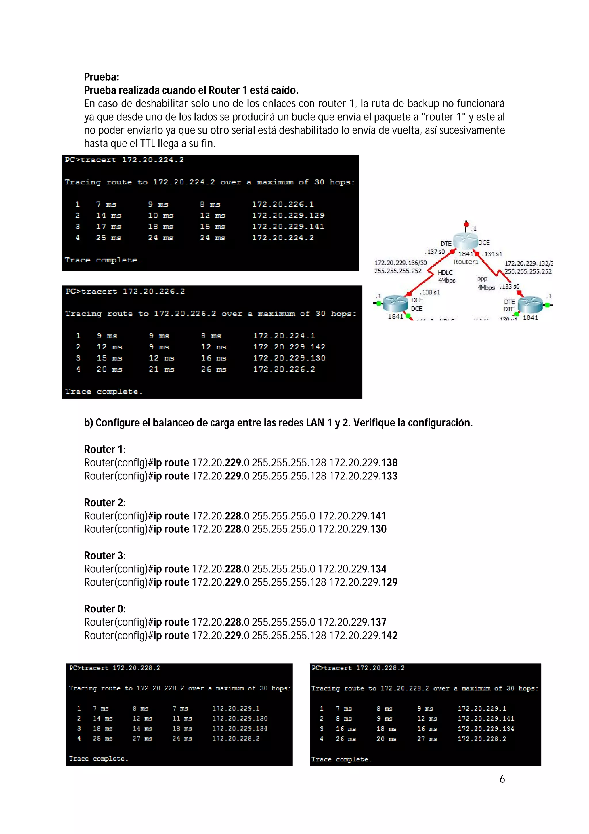 Prueba:
Prueba realizada cuando el Router 1 está caído.
En caso de deshabilitar solo uno de los enlaces con router 1, la ruta de backup no funcionará
ya que desde uno de los lados se producirá un bucle que envía el paquete a "router 1" y este al
no poder enviarlo ya que su otro serial está deshabilitado lo envía de vuelta, así sucesivamente
hasta que el TTL llega a su fin.

b) Configure el balanceo de carga entre las redes LAN 1 y 2. Verifique la configuración.
Router 1:
Router(config)#ip route 172.20.229.0 255.255.255.128 172.20.229.138
Router(config)#ip route 172.20.229.0 255.255.255.128 172.20.229.133
Router 2:
Router(config)#ip route 172.20.228.0 255.255.255.0 172.20.229.141
Router(config)#ip route 172.20.228.0 255.255.255.0 172.20.229.130
Router 3:
Router(config)#ip route 172.20.228.0 255.255.255.0 172.20.229.134
Router(config)#ip route 172.20.229.0 255.255.255.128 172.20.229.129
Router 0:
Router(config)#ip route 172.20.228.0 255.255.255.0 172.20.229.137
Router(config)#ip route 172.20.229.0 255.255.255.128 172.20.229.142

6

 