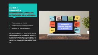 𝙗𝙡𝙤𝙦𝙪𝙚 3
𝙞𝙣𝙛𝙤𝙧𝙢𝙖𝙩𝙞𝙘𝙖
ʜᴇʀʀᴀᴍɪᴇɴᴛᴀs ᴀᴠᴀɴᴢᴀᴅᴀs
ᴅᴇ sᴏғᴛᴡᴀʀᴇ ᴅᴇ ᴀᴘʟɪᴄᴀᴄɪᴏɴ
• Pʀᴏᴄᴇsᴀᴅᴏʀᴇs ᴅᴇ ᴛᴇxᴛᴏ
• ᴄᴏᴍʙɪɴᴀᴄɪᴏɴ ᴅᴇ ᴄᴏʀʀᴇsᴘᴏɴᴅᴇɴᴄɪᴀ
• ᴄʀᴇᴀᴄɪᴏɴ ᴅᴇ ᴜɴᴀ ᴘᴀɢɪɴᴀ ᴡᴇʙ
𝙀𝙣 𝙡𝙖 𝙞𝙣𝙛𝙤𝙧𝙢𝙖𝙩𝙞𝙘𝙖 𝙨𝙚 𝙪𝙩𝙞𝙡𝙞𝙯𝙖𝙣 𝙡𝙤𝙨 𝙥𝙧𝙤𝙘𝙚
𝙨𝙖𝙙𝙤𝙧𝙚𝙨 𝙙𝙚 𝙩𝙚𝙭𝙩𝙤 𝙥𝙖𝙧𝙖 𝙚𝙙𝙞𝙩𝙖𝙧, 𝙢𝙤𝙙𝙞𝙛𝙞𝙘
𝙖𝙧 𝙙𝙤𝙘𝙪𝙢𝙚𝙣𝙩𝙤𝙨 𝙚𝙣 𝙪𝙣𝙖 𝙘𝙤𝙢𝙥𝙪𝙩𝙖𝙙𝙤𝙧𝙖,𝙥𝙚
𝙧𝙢𝙞𝙩𝙞𝙚𝙣𝙙𝙤 𝙪𝙣 𝙛𝙤𝙧𝙢𝙖𝙩𝙤 𝙖𝙙𝙚𝙘𝙪𝙖𝙙𝙤 𝙙𝙚 𝙖𝙘
𝙪𝙚𝙧𝙙𝙤 𝙘𝙤𝙣 𝙡𝙖𝙨 𝙣𝙚𝙘𝙚𝙨𝙞𝙙𝙖𝙙𝙚𝙨 𝙙𝙚 𝙡𝙤𝙨 𝙪𝙨𝙪𝙖𝙧
𝙞𝙤𝙨
 