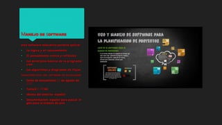 Mᴀɴᴇᴊᴏ ᴅᴇ sᴏғᴛᴡᴀʀᴇ
𝙚𝙨𝙩𝙚 𝙨𝙤𝙛𝙩𝙬𝙖𝙧𝙚 𝙚𝙙𝙪𝙘𝙖𝙩𝙞𝙫𝙤 𝙥𝙚𝙧𝙢𝙞𝙩𝙚 𝙖𝙥𝙡𝙞𝙘𝙖𝙧:
• 𝙇𝙖 𝙡𝙤̀𝙜𝙞𝙘𝙖 𝙮 𝙚𝙡 𝙧𝙖𝙯𝙤𝙣𝙖𝙢𝙞𝙚𝙣𝙩𝙤
• 𝙀𝙡 𝙥𝙚𝙣𝙨𝙖𝙢𝙞𝙚𝙣𝙩𝙤 𝙘𝙧𝙞𝙩𝙞𝙘𝙤 𝙮 𝙧𝙚𝙛𝙡𝙚𝙭𝙞𝙫𝙤
• 𝙇𝙤𝙨 𝙥𝙧𝙞𝙣𝙘𝙞𝙥𝙞𝙤𝙨 𝙗𝙖𝙨𝙞𝙘𝙤𝙨 𝙙𝙚 𝙡𝙖 𝙥𝙧𝙤𝙜𝙧𝙖𝙢𝙖
𝙘𝙞𝙤𝙣
• 𝙇𝙤𝙨 𝙖𝙡𝙜𝙤𝙧𝙞𝙩𝙢𝙤𝙨 𝙮 𝙙𝙞𝙖𝙜𝙧𝙖𝙢𝙖𝙨 𝙙𝙚 𝙛𝙡𝙪𝙟𝙤𝙨
ᴄᴀʀᴀᴄᴛᴇʀɪsᴛɪᴄᴀs ᴅᴇʟ sᴏғᴛᴡᴀʀᴇ ᴅᴇ ɪɴsᴛᴀʟᴀᴄɪᴏɴ
• 𝗳𝗲𝗰𝗵𝗮 𝗱𝗲 𝗹𝗮𝗻𝘇𝗮𝗺𝗶𝗲𝗻𝘁𝗼:23 𝗱𝗲 𝗮𝗴𝗼𝘀𝘁𝗼 𝗱𝗲
2012
• 𝗧𝗮𝗺𝗮𝗻̃𝗹:2,396𝗸𝗯
• 𝗶𝗱𝗶𝗼𝗺𝗮 𝗱𝗲𝗹 𝗲𝗻𝘁𝗼𝗿𝗻𝗼: 𝗲𝘀𝗽𝗮𝗻̃𝗼𝗹
• 𝗗𝗼𝗰𝘂𝗺𝗲𝗻𝘁𝗮𝗰𝗶𝗼𝗻: 𝗲𝘀𝗽𝗮𝗻̃𝗼𝗹 𝗽𝗮𝗿𝗮 𝗽𝗮𝘀𝗰𝗮𝗹, 𝗶𝗻
𝗴𝗹𝗲𝘀 𝗽𝗮𝗿𝗮 𝗹𝗮 𝘀𝗶𝗻𝘁𝗮𝘅𝗶𝘀 𝗱𝗲 𝗷𝗮𝘃𝗮
 