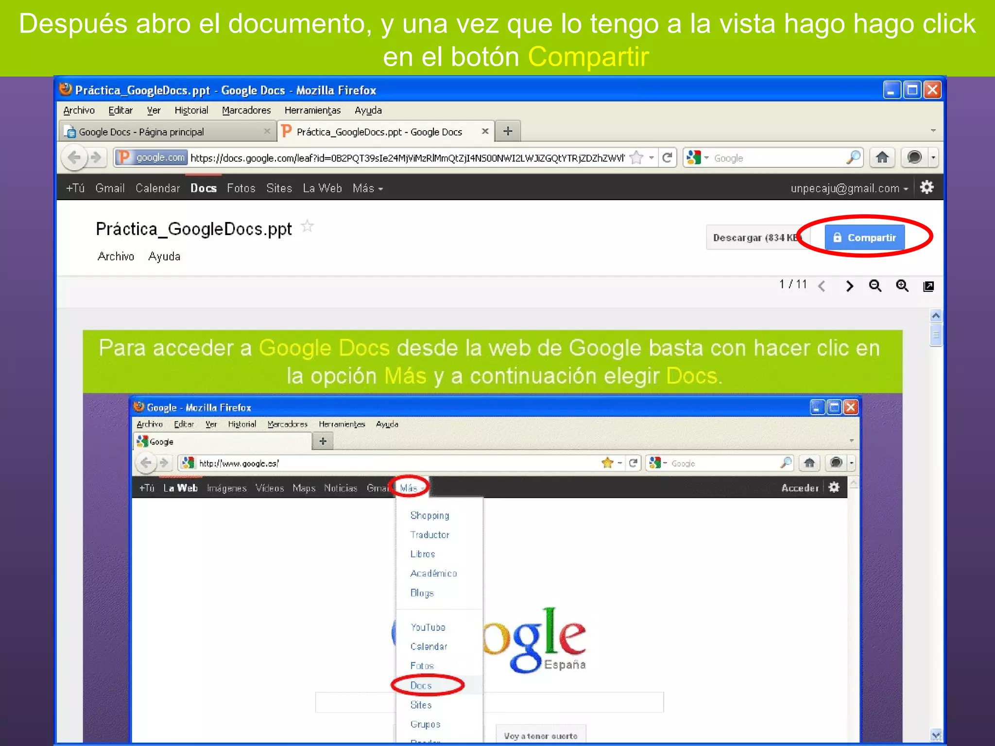 Después abro el documento, y una vez que lo tengo a la vista hago hago click en el botón  Compartir 