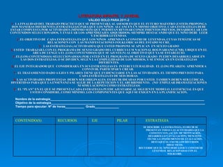 LITERATURA INFANTIL Y JUVENIL VÁLIDO SOLO PARA 2011-2 1 .  LA FINALIDAD DEL TRABAJO PRÁCTICO QUE SE PRESENTARÁ AL ASESOR ES QUE EL FUTURO MAESTRO (USTED) PROPONGA DOS MANERAS DIFERENTES (ESTRATEGIAS) PARA QUE LOS NIÑOS  ALCANCEN UN MISMO OBJETIVO. CADA ESTRATEGIA DEBE ESTAR COMPUESTA POR ACTIVIDADES (MÍNIMO SEIS) QUE PERMITAN REVISAR CONOCIMIENTOS PREVIOS, DESARROLLAR LOS CONTENIDOS SELECCIONADOS, Y EVALUAR LOS APRENDIZAJES ADQUIRIDOS; SIEMPRE DESTACANDO QUE EL NIÑO DEBE  LEER Y ESCRIBIR LEYENDAS. 2 . EL OBJETIVO DE  CADA ESTRATEGIA ES QUE LOS NIÑOS  APRENDAN A CONSTRUIR  LEYENDAS, CUYAS TEMÁTICAS SE RELACIONEN CON  LAS MANIFESTACIONES FOLKLÓRICAS DEL ESTADO SUCRE. 3.   LAS ESTRATEGIAS (ACTIVIDADES) QUE USTED PROPONE SE APLICAN  EN SEXTO GRADO 4.  USTED  TRABAJARÁ CON EL PROGRAMA DE SEXTO GRADO DEL CURRÍCULUM NACIONAL BOLIVARIANO (CNB). UBIQUE EN EL ÁREA DE LENGUA EL (LOS) CONTENIDO(S) QUE SE AJUSTE(N) AL OBJETIVO QUE YA SE ESTABLECIÓ. 5 . EL(LOS) CONTENIDO(S) SELECCIONADO(S) POR USTED EN EL PROGRAMA DE SEXTO GRADO  PUEDEN DESARROLLARSE EN LAS DOS ESTRATEGIAS, O SE DIVIDEN, SEGÚN LA COMPLEJIDAD DE LOS MISMOS, Y SE ENFOCAN EN ESTRATEGIAS DIFERENTES. 6.  EL EJE INTEGRADOR QUE  CONSIDERARÁ EN SUS ESTRATEGIAS ES  INTERCULTURALIDAD.  EL (LOS) PILAR(ES)  APRENDER A CONVIVIR, PARTICIPAR Y CREAR.  7 .  EL TRATAMIENTO DADO A EJES Y PILARES TIENE QUE EVIDENCIARSE EN LAS ACTIVIDADES. EL TIEMPO PREVISTO PARA  CADA ESTRATEGIA ES DE SEIS HORAS. 8.  LAS ACTIVIDADES PROPUESTAS  DEBEN SER ORIGINALES; ES DECIR IDEADAS POR USTED. TAMBIEN DEBEN SER LÚDICAS, DIVERTIDAS PARA QUE LA ENSEÑANZA SE ALEJE DE LA REPETICIÓN Y EL ABURRIMIENTO.  (NO  EMPLEAR DRAMATIZACIONES NI SIMULACIONES COMO ESTRATEGIAS) 9 .  EL “PLAN” EN EL QUE SE PRESENTA CADA ESTRATEGIA PUEDE AJUSTARSE AL SIGUIENTE MODELO. LO ESENCIAL ES QUE USTED CONSIDERE, COMO MÍNIMO, LOS COMPONENTES QUE AQUÍ SE EXIGEN EN LA PLANIFICACIÓN. Nombre de la estrategia__________________________________________________________________________________________ Objetivo de la estrategia__________________________________________________________________________________________ Tiempo para ejecutar: Nº de horas___________  Grado______________ CONTENIDO(S)  RECURSOS EJE PILAR ESTRATEGIA SE DESCRIBE  LA ESTRATEGIA, ES DECIR SE PRESENTAN TODAS LAS ACTIVIDADES QUE LA  CONSTITUYEN: (ACTIV. DE MOTIVACIÓN, DESARROLLO Y EVALUACIÓN). MENCIONE TÉCNICA E INSTRUMENTO DE EVALUACIÓN. DESTAQUE EL USO DE LOS RECURSOS DIDÁCTICOS. RECUERDE QUE EL NIÑO DEBE LEER Y CONSTRUIR LEYENDAS  RELACIONADAS CON EL FOLKLORE. 