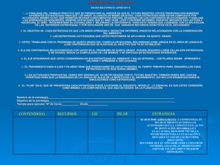 ENSEÑANZA DE LA LENGUA (491) VÁLIDO SOLO PARA EL LAPSO 2011-2   1 .  LA  FINALIDAD DEL TRABAJO PRÁCTICO QUE SE PRESENTARÁ AL ASESOR ES QUE EL FUTURO MAESTRO (USTED) PROPONGA DOS MANERAS DIFERENTES (ESTRATEGIAS) PARA QUE LOS NIÑOS  ALCANCEN UN MISMO OBJETIVO. CADA ESTRATEGIA DEBE ESTAR COMPUESTA POR ACTIVIDADES (MÍNIMO OCHO) QUE PERMITAN REVISAR CONOCIMIENTOS PREVIOS, DESARROLLAR LOS CONTENIDOS SELECCIONADOS, Y EVALUAR LOS APRENDIZAJES ADQUIRIDOS; SIEMPRE DESTACANDO QUE EL NIÑO DEBE  LEER Y ESCRIBIR INFORMES, ENSAYOS. MEDIANTE ESA LECTURA Y ESCRITURA, EL NIÑO  INCREMENTARÁ SU VOCABULARIO Y  MEJORARÁ LA ORTOGRAFÍA. TODO ESTO TENDRÁ QUE LOGRARSE CON LA APLICACIÓN DE LAS  REFERIDAS ESTRATEGIAS; Y POR ESTA RAZÓN UNO DE  SUS  VARIADOS RECURSOS DIDÁCTICOS ES EL DICCIONARIO. 2 . EL OBJETIVO DE  CADA ESTRATEGIA ES QUE LOS NIÑOS APRENDAN A  REDACTAR INFORMES, ENSAYOS RELACIONADOS CON LA CONSERVACIÓN DEL AMBIENTE. 3.  LAS ESTRATEGIAS (ACTIVIDADES) QUE USTED PROPONDRÁ SE APLICARÁN  EN QUINTO  GRADO. 4.  USTED  TRABAJARÁ CON EL PROGRAMA DE QUINTO GRADO DEL CURRÍCULUM NACIONAL BOLIVARIANO (CNB). UBIQUE EN EL ÁREA DE LENGUA EL (LOS) CONTENIDO(S) QUE SE AJUSTE(N) AL OBJETIVO QUE YA SE ESTABLECIÓ. 5 . EL(LOS) CONTENIDO(S) SELECCIONADO(S) POR USTED EN EL PROGRAMA DE QUINTO GRADO  PUEDEN DESARROLLARSE EN LAS DOS ESTRATEGIAS, O SE DIVIDEN, SEGÚN LA COMPLEJIDAD DE LOS MISMOS, Y SE ENFOCAN EN ESTRATEGIAS DIFERENTES. 6 . EL EJE INTEGRADOR QUE USTED CONSIDERARÁ EN SUS ESTRATEGIAS ES  AMBIENTE Y SALUD INTEGRAL.  LOS PILARES SERÁN  APRENDER A VALORAR Y APRENDER A  REFLEXIONAR.  EL TRATAMIENTO DADO A EJES Y PILARES TIENE QUE EVIDENCIARSE EN LAS ACTIVIDADES. EL TIEMPO  PREVISTO PARA  DESARROLLAR CADA ESTRATEGIA ES DE SEIS HORAS (MÍNIMO).  8.  LAS ACTIVIDADES PROPUESTAS  DEBEN SER ORIGINALES; ES DECIR IDEADAS POR EL FUTURO MAESTRO. TAMBIEN DEBEN SER LÚDICAS, DIVERTIDAS PARA QUE LA ENSEÑANZA DE LA LENGUA SE ALEJE DE LA REPETICIÓN Y EL ABURRIMIENTO. (NO INCLUYA DRAMATIZACIONES NI SIMULACIONES COMO ESTRATEGIAS). 9.   EL “PLAN” EN EL QUE SE PRESENTARÁ CADA ESTRATEGIA PUEDE AJUSTARSE AL SIGUIENTE “MODELO”. LO ESENCIAL ES QUE USTED CONSIDERE, COMO MÍNIMO, LOS COMPONENTES, QUE AQUÍ SE EXIGEN  EN LA PLANIFICACIÓN . Nombre de la estrategia__________________________________________________________________________________ Objetivo de la estrategia__________________________________________________________________________________ Tiempo para ejecutar: Nº de horas___________  Grado_____________ CONTENIDO(S)  RECURSOS EJE PILAR ESTRATEGIA SE DESCRIBE  AMPLIAMENTE   LA ESTRATEGIA, ES DECIR SE PRESENTAN TODAS LAS ACTIVIDADES QUE LA  CONSTITUYEN: (ACTIV. DE MOTIVACIÓN, DESARROLLO Y EVALUACIÓN). MENCIONE TÉCNICA E INSTRUMENTO PARA LA EVALUACIÓN Y DESTAQUE EL USO DE LOS RECURSOS DIDÁCTICOS. RECUERDE QUE EL NIÑO DEBE LEER Y CONSTRUIR INFORMES, ENSAYOS; AL MISMO TIEMPO AMPLIAR VOCABULARIO Y MEJORAR ORTOGRAFÍA. 