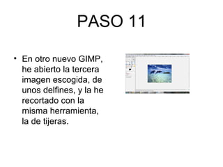 PASO 11
• En otro nuevo GIMP,
he abierto la tercera
imagen escogida, de
unos delfines, y la he
recortado con la
misma herramienta,
la de tijeras.
 