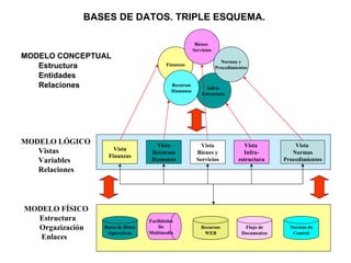 BASES DE DATOS. TRIPLE ESQUEMA.  MODELO CONCEPTUAL Estructura Entidades  Relaciones Finanzas Infra- Estructura Bienes  Servicios Normas y Procedimientos Vista Recursos Humanos Vista Bienes y Servicios Vista  Infra- estructura Vista  Normas Procedimientos Vista Finanzas Recursos Humanos MODELO LÓGICO Vistas Variables Relaciones MODELO FÍSICO Estructura Orgazización Enlaces Bases de Datos Operativas Facilidades De Multimedia Recursos WEB Normas de Control Flujo de Documentos 