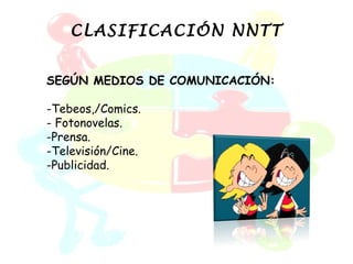CLASIFICACIÓN NNTT


SEGÚN MEDIOS DE COMUNICACIÓN:

-Tebeos,/Comics.
- Fotonovelas.
-Prensa.
-Televisión/Cine.
-Publicidad.
 