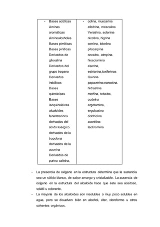 - Bases acíclicas
Aminas
aromáticas
Aminoalcoholes
Bases pirrólicas
Bases pirídicas
Derivados de
glioxalina
Derivados del
grupo tropano
Derivados
indólicos
Bases
quinoleicas
Bases
isoquinoleicas
alcaloides
fenantrenicos
derivados del
ácido lisérgico
derivados de la
tropolona
derivados de la
aconina
Derivados de
purina cafeína,
- colina, muscarina
efedrina, mescalina
Veratrina, solanina
nicotina, higrina
coniina, lobelina
pilocarpina
cocaína, atropina,
hiosciamina
eserina,
estricnina,toxiferinas
Quinina
papaverina,narcotina,
hidrastina
morfina, tebaína,
codeína
ergotamina,
ergobasina
colchicina
aconitina
teobromina
- La presencia de oxígeno en la estructura determina que la sustancia
sea un sólido blanco, de sabor amargo y cristalizable. La ausencia de
oxígeno en la estructura del alcaloide hace que éste sea aceitoso,
volátil u odorante.
- La mayoría de los alcaloides son insolubles o muy poco solubles en
agua, pero se disuelven bién en alcohol, éter, cloroformo u otros
solventes orgánicos.
 