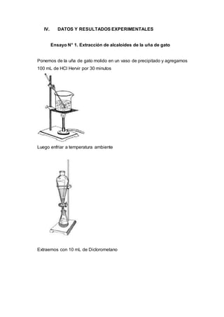 IV. DATOS Y RESULTADOS EXPERIMENTALES
Ensayo N° 1. Extracción de alcaloides de la uña de gato
Ponemos de la uña de gato molido en un vaso de precipitado y agregamos
100 mL de HCl Hervir por 30 minutos
Luego enfriar a temperatura ambiente
Extraemos con 10 mL de Diclorometano
 