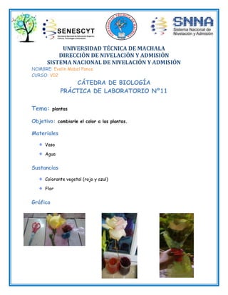 UNIVERSIDAD TÉCNICA DE MACHALA
DIRECCIÓN DE NIVELACIÓN Y ADMISIÓN
SISTEMA NACIONAL DE NIVELACIÓN Y ADMISIÓN
NOMBRE: Evelin Mabel Ponce
CURSO: V02

CÁTEDRA DE BIOLOGÍA
PRÁCTICA DE LABORATORIO Nº11

Tema:

plantas

Objetivo: cambiarle el color a las plantas.
Materiales
Vaso
Agua

Sustancias
Colorante vegetal (rojo y azul)
Flor

Gráfico

 