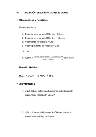 VII. SOLUCIÓN DE LA HOJA DE RESULTADOS:
1. Observaciones y Resultados.
Datos y resultados:
a) Distancia recorrida por el HCl: dHCl = 9.6mm.
b) Distancia recorrida por el NH3: dNH3 = 19.4mm.
c) Valor teórico de velocidad =1.46
d) Valor experimental de velocidad = 2.02
% Error:
e) %Error = (
𝑉𝑎𝑙𝑜𝑟 𝑒𝑥𝑝𝑒𝑟𝑖𝑚𝑒𝑛𝑡𝑎𝑙−𝑉𝑎𝑙𝑜𝑟 𝑡𝑒ó𝑟𝑖𝑐𝑜
𝑉𝑎𝑙𝑜𝑟 𝑡𝑒ó𝑟𝑖𝑐𝑜
)100% = 38%
Reacción Química:
HCl(cc) + NH4OH  NH4Cl + H2O.
2. CUESTIONARIO:
1. ¿Qué factores determinan la diferencia entre la relación
experimental y la relación teórica?
2. ¿Por qué se usa el HCl(cc) y el NH4OH para realizar el
experimento de la Ley de Graham?
 