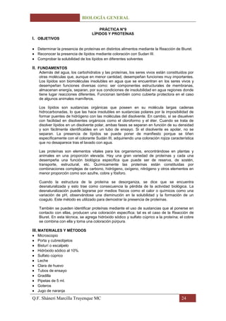 BIOLOGÍA GENERAL

                                      PRÁCTICA N°9
                                  LÍPIDOS Y PROTEÍNAS
I. OBJETIVOS

  Determinar la presencia de proteínas en distintos alimentos mediante la Reacción de Biuret.
  Reconocer la presencia de lípidos mediante coloración con Sudan III.
  Comprobar la solubilidad de los lípidos en diferentes solventes

II. FUNDAMENTOS
   Además del agua, los carbohidratos y las proteínas, los seres vivos están constituidos por
   otras moléculas que, aunque en menor cantidad, desempeñan funciones muy importantes.
   Los lípidos son biomoléculas insolubles en agua que se encuentran en los seres vivos y
   desempeñan funciones diversas como: ser componentes estructurales de membranas,
   almacenan energía, separan, por sus condiciones de insolubilidad en agua regiones donde
   tiene lugar reacciones diferentes. Funcionan también como cubierta protectora en el caso
   de algunos animales mamíferos.

   Los lípidos son sustancias orgánicas que poseen en su molécula largas cadenas
   hidrocarbonadas, lo que las hace insolubles en sustancias polares por la imposibilidad de
   formar puentes de hidrógeno con las moléculas del disolvente. En cambio, sí se disuelven
   con facilidad en disolventes orgánicos como el cloroformo y el éter. Cuando se trata de
   disolver lípidos en un disolvente polar, ambas fases se separan en función de su densidad
   y son fácilmente identificables en un tubo de ensayo. Si el disolvente es apolar, no se
   separan. La presencia de lípidos se puede poner de manifiesto porque se tiñen
   específicamente con el colorante Sudán III, adquiriendo una coloración rojiza característica
   que no desaparece tras el lavado con agua.

   Las proteínas son elementos vitales para los organismos, encontrándose en plantas y
   animales en una proporción elevada. Hay una gran variedad de proteínas y cada una
   desempeña una función biológica específica que puede ser de reserva, de sostén,
   transporte, estructural, etc. Químicamente las proteínas están constituidas por
   combinaciones complejas de carbono, hidrógeno, oxígeno, nitrógeno y otros elementos en
   menor proporción como son azufre, cobre y fósforo.

   Cuando la estructura de la proteína se desorganiza, se dice que se encuentra
   desnaturalizada y esto trae como consecuencia la pérdida de la actividad biológica. La
   desnaturalización puede lograrse por medios físicos como el calor o químicos como una
   variación de pH, observándose una disminución en la solubilidad y la formación de un
   coagulo. Este método es utilizado para demostrar la presencia de proteínas.

   También se pueden identificar proteínas mediante el uso de sustancias que al ponerse en
   contacto con ellas, producen una coloración específica; tal es el caso de la Reacción de
   Biuret. En esta técnica, se agrega hidróxido sódico y sulfato cúprico a la proteína; el cobre
   se combina con ella y toma una coloración púrpura.

III. MATERIALES Y MÉTODOS
  Microscopio
  Porta y cubreobjetos
  Bisturí o escalpelo
  Hidróxido sódico al 10%.
  Sulfato cúprico
  Leche
  Clara de huevo
  Tubos de ensayo
  Gradilla
  Pipetas de 5 ml.
  Goteros
  Jugo de naranja

Q.F. Sháneri Marcilla Truyenque MC                                                      24
 