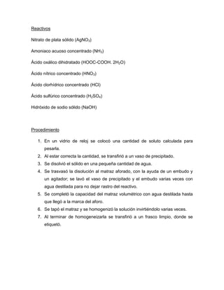 Reactivos

Nitrato de plata sólido (AgNO3)

Amoniaco acuoso concentrado (NH3)

Ácido oxálico dihidratado (HOOC-COOH. 2H2O)

Ácido nítrico concentrado (HNO3)

Ácido clorhídrico concentrado (HCl)

Ácido sulfúrico concentrado (H2SO4)

Hidróxido de sodio sólido (NaOH)




Procedimiento

   1. En un vidrio de reloj se colocó una cantidad de soluto calculada para
      pesarla.
   2. Al estar correcta la cantidad, se transfirió a un vaso de precipitado.
   3. Se disolvió el sólido en una pequeña cantidad de agua.
   4. Se trasvasó la disolución al matraz aforado, con la ayuda de un embudo y
      un agitador; se lavó el vaso de precipitado y el embudo varias veces con
      agua destilada para no dejar rastro del reactivo.
   5. Se completó la capacidad del matraz volumétrico con agua destilada hasta
      que llegó a la marca del aforo.
   6. Se tapó el matraz y se homogenizó la solución invirtiéndolo varias veces.
   7. Al terminar de homogeneizarla se transfirió a un frasco limpio, donde se
      etiquetó.
 