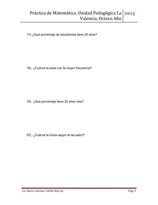 Práctica de Matemática. Unidad Pedagógica La
Valencia, Octavo Año
2015
Lic. Marco Antonio Cubillo Murray Page 9
17) ¿Qué porcentaje de estudiantes tiene 20 años?
18) ¿Cuál es la edad con la mayor frecuencia?
19) ¿Qué porcentaje tiene 20 años más?
20) ¿Cuál es la moda según el recuadro?
 