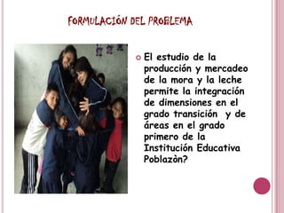 FORMULACIÓN DEL PROBLEMA

                El estudio de la
                 producción y mercadeo
                 de la mora y la leche
                 permite la integración
                 de dimensiones en el
                 grado transición y de
                 áreas en el grado
                 primero de la
                 Institución Educativa
                 Poblazòn?
 