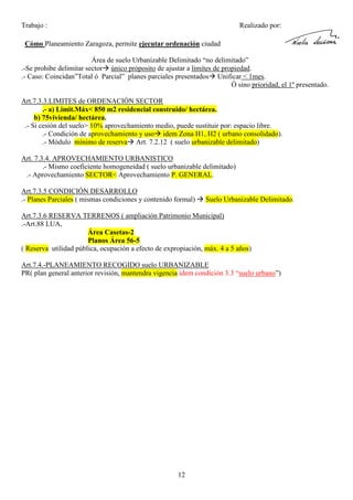 Trabajo :

Realizado por:

Cómo Planeamiento Zaragoza, permite ejecutar ordenación ciudad
Área de suelo Urbanizable Delimitado “no delimitado”
.-Se prohibe delimitar sector único próposito de ajustar a limites de propiedad.
.- Caso: Coincidan”Total ó Parcial” planes parciales presentados Unificar < 1mes.
Ó sino prioridad, el 1º presentado.
Art.7.3.3.LIMITES de ORDENACIÓN SECTOR
.- a) Limit.Máx< 850 m2 residencial construido/ hectárea.
b) 75vivienda/ hectárea.
.- Si cesión del suelo> 10% aprovechamiento medio, puede sustituir por: espacio libre.
.- Condición de aprovechamiento y uso idem Zona H1, H2 ( urbano consolidado).
.- Módulo mínimo de reserva Art. 7.2.12 ( suelo urbanizable delimitado)
Art. 7.3.4. APROVECHAMIENTO URBANISTICO
.- Mismo coeficiente homogeneidad ( suelo urbanizable delimitado)
.- Aprovechamiento SECTOR< Aprovechamiento P. GENERAL.
Art.7.3.5 CONDICIÓN DESARROLLO
.- Planes Parciales ( mismas condiciones y contenido formal)

Suelo Urbanizable Delimitado.

Art.7.3.6 RESERVA TERRENOS ( ampliación Patrimonio Municipal)
.-Art.88 LUA,
Área Casetas-2
Planos Área 56-5
( Reserva utilidad pública, ocupación a efecto de expropiación, máx. 4 a 5 años)
Art.7.4.-PLANEAMIENTO RECOGIDO suelo URBANIZABLE
PR( plan general anterior revisión, mantendra vigencia idem condición 3.3 “suelo urbano”)

12

 