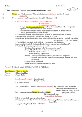 Trabajo :

Realizado por:

Cómo Planeamiento Zaragoza, permite ejecutar ordenación ciudad
g)
h)

Ningún caso “fondo mínimo” Parcelas lindantes: sin edificar, o edificios de pronta
sustitución.
No en manzanas completas, aplicar párrafo de 2.b del articulo 4.1.1.
2.- Recordatorio: Formas de Delimitar el Área de la edificación:
A) Fondo Mínimo
B) Edificabilidad y Ocupación

Siempre prevalece la más restrictiva, por lo tanto nunca edificabilidad y ocupación
superaran a la correspondiente de fondo mínimo.
.-Esquina con calles de diferente ancho, se podrá aumentar en plantas alzadas.
.- P.Baja, podrá aumentar el fondo mínimo
3.-No aumentar altura según ancho calle ( recordar en manzana cerrada, lo límita)
4.-Fondo mínimo sin incumplir limitaciones: patios, luces rectas.
5.-Si aplicar el fondo mínimo, aumenta el indice edificabilidaa de la zona y grado Mecanismo
previsto al art.1.2.5 de estas normas.
7.- Parcela Matriz no regula fondo mínimo No autorizar parcelaciones..
6.-Justifique Propietario la Aplicación Fondo Mínimo previo a la solicitud licencia”.
8.-Contenido documentación propietarios interesados:
Identificación propietario solar “documentación aneja”.
Planos: P.G.O.U “calificación”,representando perimetro.
Catastral “entorno solar”.
Solar “acotado y superficiado”.
Memoria.-”cálculos justificativos”: fondo, edificabilidad, ocupación.
.-acreditar la inviabilidad objetiva de la agrupación del solar con otros
colindantes.
Croquis plantas resultantes.
Zona B documentación fotográfica en colores.
Art.4.1.4.- NORMAS para la DETERMINACIÓN de ALTURAS.
1.Tipo Manzana Altura en función:
Abierta
Distancia edificio
Cerrada
Ancho Calle
2.-Ancho de calle irregular= Superficie calle
Longitud frente
( no en cuenta chaflanes)
3 y 4.- Ancho de calle ( límitado por alineación parcelas).- Ej: Exista zona verde intermedia
.- Distinta tipologia edificatoria
.-No sea edificable la otra fachada.
5 y 6 .- La altura máxima La mayor de las a) 2 calles
que recae el edificio.
b) calles dan a la plaza “ “
“
( sin considerar chaflanes)
7.-Mejor aplicación Ayto aprueba catálogo.
8.-Caso esquina con calles de diferente altura calle menor, podrá tener la altura de la mayor en
fondo< 10m
.- Ángulo entre planos fachada “calle”>60º.

28

 