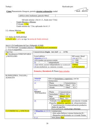 Trabajo :

Realizado por:

Cómo Planeamiento Zaragoza, permite ejecutar ordenación ciudad
edificio entre medianera, parcela<80m2

.

b)Fondo mínimo (Art.4.1.3., fondo min=7,5m)
Fondo Máximo y Mínimo
P.Alzada < 15m.
Fondo mínimo de: 7,5m, aplicando Art.4.1.3

3.2.-Alturas Máxima
B+2 (10m)
3.3. Indice de Edificabilidad
1,15m2t/ m2s ( salvo se siga la norma de fondo mínimo)

Art.4.1.15 Condiciones de Uso ( Subgrado A1/4.1)
1.- Uso Principal: Vivienda Colectiva y Residemcial en Coexistencia.
2.- Usos Compatibles:
Tipo Uso
Caracteristicas (Según Art. 2.6.5 y
A) Residenacia COMUNITARIA .
y HOTELERO
Local edificio

2.7.5)

M2 constr. Hotel

(situación art.2.6.5)

( tipo art.2.7.5)

a)Viviendas con acceso común
b) “
“ “ independiente
c)uso mixto, acceso independiente (no residencial)
d) uso exclusivo( no: industrial, vivienda)

1) <200
2) <500
1500m2
(<50 dormitorio)

Estancia y Dormitorio
B) INDUSTRIA, TALLER y
ALMACÉN

(situación
art.2.6.5)

Planta baja ó alzadas.

Sólo en Semisótano y superiores, con las
limitaciones:
Planta
Caracteristicas
Semisótano ó Baja <50m2 , 2Cv
Alzada
<30m2 , 1Cv

a)

b,c)
Recuerda
Acceso independiente

Planta
Caracteristicas
Semisótano 200m2, 10Cv
Baja
300m2, 15 Cv
Alzada
30m2, 1Cv
.- Tolerado: Uso agropecuario con relación vivienda
.-Pequeñas industrias agrarias de: almacenamiento,
1ª transformación ó comercialización productos.

d)

( límites de superficie,
Previa justificación: acceso,carga y descarga)

C) COMERCIAL y OFICINAS

( Situación art.2.6.5) Limitaciones
a)
.-Sólo salón Belleza ( misma limitación B )
.-Despachos profesionales en vivienda Titular.
b ,c)
Sólo planta:baja.
38

 