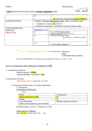 Trabajo :

Realizado por:

Cómo Planeamiento Zaragoza, permite ejecutar ordenación ciudad
d)
D) RECREATIVOS

E) EQUIPAMIENTO y
SERVICIO
( idem A.1/1)

*

.- No Autorizar implantación parcela>1000m2
.- Siempre Acceso independiente calle: sótano, semisótano, baja.
.- * (tambien en situaciónd, art.2.6.5)
.- Comedores restaurantes , en planta1ª con acceso desde p. baja
.( Situación art.2.6.5)
a)
b)

.-Uso: sociedad cultural, hotelero
.-<200m2 construidos ( tipo 1 art.2.7.5)
.-Cualquier planta desde Sótano:
-No existan uso vivienda en p. inferior.

*

c,d)

.- En planta sótano y superiores.

*Caso General: Limitaciones General “Sótanos”

*

Con Planta Baja .- Mismo Uso
.- Acceso
.- Comunicación: hueco, escaleras

Recuerda: SEMISOTANO ( en ordenanzas de Zaragoza

h techo>1m , h suelo > /-0,6m/

Art.4.1.16 Condiciones Aprovechamiento ( Subgrado A1/4.2)
1.- Condiciones de Parcela
Supeficie parcela >120m2
Longitud fachada a vial público> 6m
2.-Condiciones Posición
Idem Grado A1-4.1 ( versé Art. 4.1.14.2)
3.-Condiciones dimensionales y de Aprovechamiento:
3.1 Ocupación
Coeficiente de Edificación
a) %
Planta
Sótano,Semisótano y Baja
Alzada
Caso Sustitución:
edificio entre medianera, parcela<80m2
b)Fondo mínimo (Art.4.1.3., fondo min=7,5m)
Fondo máximo y Mínimo
Idem A-1/4.1 ( Versé Art.4.1.16.

3.1)

39

% Ocupación
75
50
Mantiene antigua ocupación

 