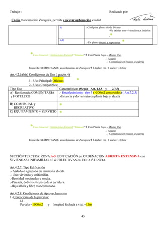 Trabajo :

Realizado por:

Cómo Planeamiento Zaragoza, permite ejecutar ordenación ciudad
b)

.-Cualquier planta desde Sótano:
-No existan uso vivienda en p. inferior.

*

c,d)

.- En planta sótano y superiores.

*Caso General: Limitaciones General “Sótanos”

*

Con Planta Baja .- Mismo Uso
.- Acceso
.- Comunicación: hueco, escaleras

Recuerda: SEMISOTANO ( en ordenanzas de Zaragoza

h techo>1m , h suelo > /-0,6m/

Art.4.2.6.(bis) Condiciones de Uso ( grados 4)

*

1.- Uso Principal: Oficinas
2.- Usos Compatibles:
2.7.5)
Tipo Uso
Caracteristicas (Según Art. 2.6.5 y
A) Residenacia COMUNITARIA
.- Establecimiento tipo 3 (>500m2 construidos) ( Art.7.2.5)
y HOTELERO
.-Estancia y dormitorio en planta baja y alzada
B) COMERCIAL y
RECREATIVO
C) EQUIPAMIENTO y SERVICIO

*
*

*Caso General: Limitaciones General “Sótanos”

Con Planta Baja .- Mismo Uso
.- Acceso
.- Comunicación: hueco, escaleras

Recuerda: SEMISOTANO ( en ordenanzas de Zaragoza

h techo>1m , h suelo > /-0,6m/

SECCIÓN TERCERA: ZONA A-3. EDIFICACIÓN en ORDENACIÓN ABIERTA EXTENSIVA con
VIVIENDAS UNIFAMILIARES ó COLECTIVAS en COEXISTENCIA.
Art.4.2.7. Tipo Edificación
.- Aislado ó agrupado en manzana abierta.
.- Uso: vivienda y unifamiliar.
.-Densidad moderadas y media.
.-Pareada, doblemente pareada ó en hilera.
.-Baja altura y libre mancomunado.
Art.4.2.8. Condiciones de Aprovechamiento
1.-Condiciones de la parcelas:
1.1.Parcela =1000m2
y longitud fachada a vial =15m

45

 