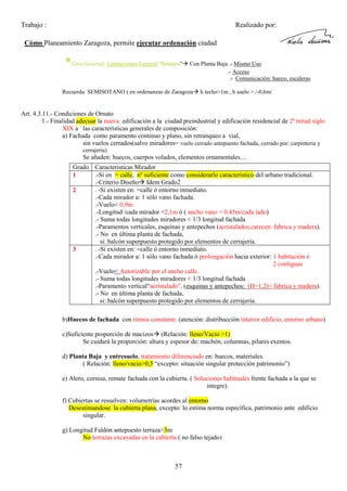 Trabajo :

Realizado por:

Cómo Planeamiento Zaragoza, permite ejecutar ordenación ciudad

*Caso General: Limitaciones General “Sótanos”

Con Planta Baja .- Mismo Uso
.- Acceso
.- Comunicación: hueco, escaleras

Recuerda: SEMISOTANO ( en ordenanzas de Zaragoza

h techo>1m , h suelo > /-0,6m/

Art. 4.3.11.- Condiciones de Ornato
1.- Finalidad adecuar la nueva edificación a la ciudad preindustrial y edificación residencial de 2ª mitad siglo
XIX a las características generales de composición:
a) Fachada como paramento continuo y plano, sin retranqueo a vial,
sin vuelos cerrados(salvo miradores= vuelo cerrado antepuesto fachada, cerrado por: carpinteria y
cerrajeria)

Se añaden: huecos, cuerpos volados, elementos ornamentales…
Grado Caracteristicas Mirador
.-Si en = calle, nº suficiente como considerarlo característico del urbano tradicional.
1
.-Criterio Diseño Idem Grado2
. -Si existen en: =calle ó entorno inmediato.
2
.-Cada mirador a: 1 sólo vano fachada.
.-Vuelo< 0,9m
.-Longitud /cada mirador <2,1m ó ( ancho vano + 0,45m/cada lado)
.- Suma todas longitudes miradores < 1/3 longitud fachada
.-Paramentos verticales, esquinas y antepechos (acristalados,carecen: fabrica y madera).
.- No en última planta de fachada,
si: balcón superpuesto protegido por elementos de cerrajeria.
. -Si existen en: =calle ó entorno inmediato.
3
.-Cada mirador a: 1 sólo vano fachada ó prolongación hacia exterior: 1 habitación ó
2 contiguas
.-Vuelo< Autorizable por el ancho calle.
.- Suma todas longitudes miradores < 1/3 longitud fachada
.-Paramento vertical“acristalado”, (esquinas y antepechos: (H=1,2)< fabrica y madera).
.- No en última planta de fachada,
si: balcón superpuesto protegido por elementos de cerrajeria.
b)Huecos de fachada con ritmos constante. (atención: distribucción interior edificio, entorno urbano)
c)Suficiente proporción de macizos (Relación: lleno/Vacio >1)
Se cuidará la proporción: altura y espesor de: machón, columnas, pilares exentos.
d) Planta Baja y entresuelo, tratamiento diferenciado en: huecos, materiales.
( Relación: lleno/vacio>0,5 “excepto: situación singular protección patrimonio”)
e) Alero, cornisa, remate fachada con la cubierta. ( Soluciones habituales frente fachada a la que se
integre).
f) Cubiertas se resuelven: volumetrías acordes al entorno
Desestimandose la cubierta plana, excepto: lo estima norma específica, patrimonio ante edificio
singular.
g) Longitud Faldón antepuesto terraza>3m
No terrazas excavadas en la cubierta ( no falso tejado)

57

 