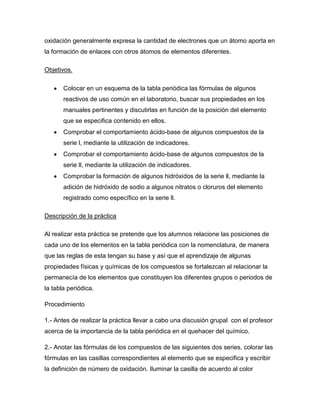 oxidación generalmente expresa la cantidad de electrones que un átomo aporta en
la formación de enlaces con otros átomos de elementos diferentes.

Objetivos.

       Colocar en un esquema de la tabla periódica las fórmulas de algunos
       reactivos de uso común en el laboratorio, buscar sus propiedades en los
       manuales pertinentes y discutirlas en función de la posición del elemento
       que se especifica contenido en ellos.
       Comprobar el comportamiento ácido-base de algunos compuestos de la
       serie l, mediante la utilización de indicadores.
       Comprobar el comportamiento ácido-base de algunos compuestos de la
       serie ll, mediante la utilización de indicadores.
       Comprobar la formación de algunos hidróxidos de la serie ll, mediante la
       adición de hidróxido de sodio a algunos nitratos o cloruros del elemento
       registrado como específico en la serie ll.

Descripción de la práctica

Al realizar esta práctica se pretende que los alumnos relacione las posiciones de
cada uno de los elementos en la tabla periódica con la nomenclatura, de manera
que las reglas de esta tengan su base y así que el aprendizaje de algunas
propiedades físicas y químicas de los compuestos se fortalezcan al relacionar la
permanecía de los elementos que constituyen los diferentes grupos o periodos de
la tabla periódica.

Procedimiento

1.- Antes de realizar la práctica llevar a cabo una discusión grupal con el profesor
acerca de la importancia de la tabla periódica en el quehacer del químico.

2.- Anotar las fórmulas de los compuestos de las siguientes dos series, colorar las
fórmulas en las casillas correspondientes al elemento que se especifica y escribir
la definición de número de oxidación. Iluminar la casilla de acuerdo al color
 