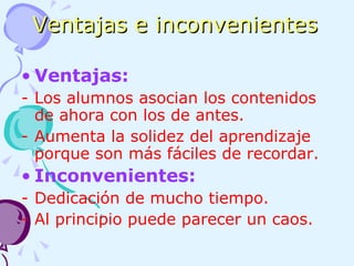 Ventajas e inconvenientes Ventajas:   Los alumnos asocian los contenidos de ahora con los de antes.  Aumenta la solidez del aprendizaje porque son más fáciles de recordar. Inconvenientes:   Dedicación de mucho tiempo.  Al principio puede parecer un caos. 
