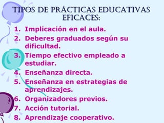 Tipos de prácticas educativas eficaces: Implicación en el aula. Deberes graduados según su dificultad. Tiempo efectivo empleado a estudiar. Enseñanza directa. Enseñanza en estrategias de aprendizajes. Organizadores previos. Acción tutorial. Aprendizaje cooperativo. 