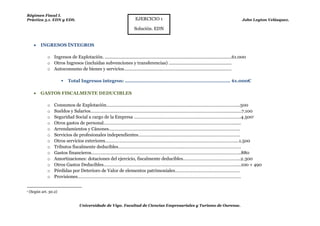 Régimen Fiscal I.
Práctica 5.1. EDN y EDS.                                                   EJERCICIO 1                                                              John Leyton Velásquez.

                                                                          Solución. EDN


          INGRESOS ÍNTEGROS

               o Ingresos de Explotación. .......................................................................................................61.000
               o Otros Ingresos (incluidas subvenciones y transferencias) ...................................................
               o Autoconsumo de bienes y servicios .......................................................................................

                            Total Ingresos íntegros: ...................................................................... 61.000€

          GASTOS FISCALMENTE DEDUCIBLES

               o   Consumos de Explotación……………………………………………...……………………………………………....500
               o   Sueldos y Salarios……………………………………………...……………………………………………..................7.100
               o   Seguridad Social a cargo de la Empresa ……………………………………………...……………………………4.5001
               o   Otros gastos de personal……………………………………………...…………………………………………….......
               o   Arrendamientos y Cánones……………………………………………...……………………………………………..
               o   Servicios de profesionales independientes……………………………………………...………………………..
               o   Otros servicios exteriores……………………………………………...……………………………………………....1.500
               o   Tributos fiscalmente deducibles……………………………………………...……………………………………….
               o   Gastos financieros……………………………………………...……………………………………………...…………..880
               o   Amortizaciones: dotaciones del ejercicio, fiscalmente deducibles………………………………………..2.300
               o   Otros Gastos Deducibles……………………………………………...…………………………………………….......100 + 490
               o   Pérdidas por Deterioro de Valor de elementos patrimoniales……………………………………………..
               o   Provisiones……………………………………………...……………………………………………...…………………….


1   (Según art. 30.2)


                                    Universidade de Vigo. Facultad de Ciencias Empresariales y Turismo de Ourense.
 