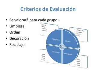 Criterios de Evaluación
•   Se valorará para cada grupo:
•   Limpieza
•   Orden
•   Decoración
•   Reciclaje
 