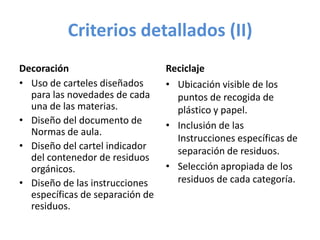 Criterios detallados (II)
Decoración                       Reciclaje
• Uso de carteles diseñados      • Ubicación visible de los
  para las novedades de cada       puntos de recogida de
  una de las materias.             plástico y papel.
• Diseño del documento de        • Inclusión de las
  Normas de aula.
                                   Instrucciones específicas de
• Diseño del cartel indicador      separación de residuos.
  del contenedor de residuos
  orgánicos.                     • Selección apropiada de los
• Diseño de las instrucciones      residuos de cada categoría.
  específicas de separación de
  residuos.
 