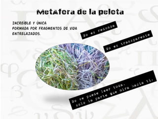 MetAfora de la pelota 
Increíble y única 
Formada por fragmentos de vida 
entrelazados. 
 