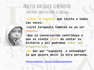 PROCESO DIALÓGICO GENERATIVO 
Construir contexto para el diálogo 
-Crear un espacio que invite a todas 
las voces. 
-La/el terapeuta también es un ser 
humano. 
-Que la conversación contribuya a 
que se sienta libre de contar su 
historia y así podremos saber qué 
preguntarles. 
-No dar por “supuesto o entendido” 
lo que quiere decir la otra persona. 
Harlene Anderson . Proceso dialógico generativo 
 