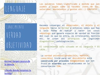 Las palabras toman significado a medida que las 
usamos y según como lo hacemos (tono de voz, 
velocidad, movimientos y gestos etc..) CONTEXTO 
Hacemos converger el observador, el objeto y el 
lenguaje hacia la Verdad y entonces vemos que hay 
1 sola forma de hablar y hacer las cosas 
=monólogo que genera espacio de verdad en función 
del cual lo que no entra, es irrelevante, mentira 
etc… Se crean así jerarquías .Se legitiman 
diagnósticos, patologización… 
El conocimiento esta situado en el lenguaje Y ES 
LOCAL. 
LENGUAJE 
CONOCIMIENTO 
Verdad 
objetividad 
Kennet Gergen acerca de 
la ciencia. 
¿Desde donde miramos la 
botella? 
 