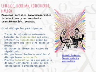 L e n g u a j e , i d e n t i d a d , c o n o c i m i e n t o , 
d i á l o g o : 
Procesos sociales inconmensurables, 
interactivos y en constante 
transformación. (Anderson) 
En el diálogo los participantes: 
- Tratan de entenderse mutuamente. 
- Entender la singularidad del otro. 
- Entender su significado desde la 
perspectiva del otro y no desde la 
propia. 
- No tratan de llenar los vacíos de 
significado. 
- Más que buscar hechos o detalles el 
diálogo busca orientación. 
- Proceso interactivo más que pasivo o 
de hacer conjeturas a base de pre-concepciones 
o precomprensiones. 
Marcelo Packman . 
Terapia sistémica 
postmoderna 
 