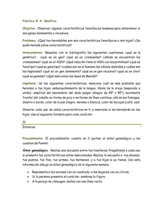 Práctica # 4: Genética
Objetivo: Observar algunas características fenotípicas humanas para determinar si
son genes dominantes o recesivos.
Problema: ¿Qué tan heredables son mis características fenotípicas a mis hijos? ¿De
quién heredé estas características?
Antecedentes: Resuelve con la bibliografía las siguientes cuestiones: ¿qué es la
genética?, ¿qué es un gen? ¿qué es un cromosoma? ¿dónde se encuentran los
cromosomas? ¿qué es al ADN? ¿Qué relación tiene el ADN con las proteínas? ¿qué es
fenotipo? ¿qué es genotipo? ¿cuáles son en el humano las células diploides y cuáles son
las haploides? ¿qué es un gen dominante? ¿qué es un gen recesivo? ¿qué es un clon?
¿qué es genoma? ¿Qué mencionan las leyes de Mendel?
Hipótesis: de las siguientes características, menciona cuál es más probable que
heredes a tus hijos: embarquillamiento de la lengua, lóbulo de la oreja (separado o
unido), amplitud del movimiento del dedo pulgar (ángulo de 45° o 90°), nacimiento
frontal del cabello en forma de pico o en forma de línea contínua, ello en las falanges,
diestro o zurdo, color de la piel (negro, moreno o blanco), color de los ojos (café, azul
Observa cada una de estas características en ti, y menciona si las heredarás en tus
hijos. Usa el siguiente formato para cada carácter:
Si
Entonces
Procedimiento: El procedimiento cosiste en 2 partes: el árbol genealógico y los
cuadros de Punnet.
Árbol genealógico. Realiza una encuesta entre tus familiares. Pregúntales a cada uno
si presenta las características antes mencionadas. Realiza la encuesta a: tus abuelos,
tus padres, tus tíos, tus primos, tus hermanos, y a tus hijos si ya tienes. Con esta
información dibuja un árbol genealógico de la siguiente manera:
 Representa a los varones con un cuadrado, a las mujeres con un círculo.
 Si la persona presenta el carácter, sombrea la figura.
 A la pareja de cónyuges, únelos con una línea recta.
 
