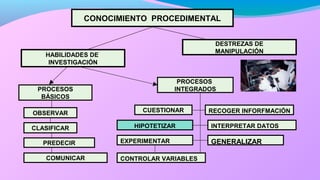 CONOCIMIENTO PROCEDIMENTAL
HABILIDADES DE
INVESTIGACIÓN
DESTREZAS DE
MANIPULACIÓN
PROCESOS
INTEGRADOSPROCESOS
BÁSICOS
OBSERVAR
CLASIFICAR
PREDECIR
COMUNICAR
CUESTIONAR
HIPOTETIZAR
EXPERIMENTAR
INTERPRETAR DATOS
RECOGER INFORFMACIÓN
CONTROLAR VARIABLES
GENERALIZAR
 