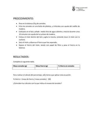 PROCEDIMIENTO: 
 Pesa en la balanza 20 g de cereales. 
 Echa los cereales en una bolsa de plástico, y tritúralos con ayuda del rodillo de madera. 
 Colócalos en el bol y añade medio litro de agua caliente y mezcla durante unos 10 minutos con ayuda de la cuchara de madera. 
 Coloca el imán dentro del bol y agita la mezcla, evitando tocar el imán con la cuchara. 
 Saca el imán y observa el hierro que has separado. 
 Separa el hierro del imán, sécalo con papel de filtro y pesa el hierro en la balanza. 
RESULTADOS: 
Completa la siguiente tabla. 
Masa cereales (g) 
Masa hierro (g) 
% Hierro en cereales 
Para realizar el cálculo del porcentaje, sólo tienes que aplicar esta ecuación: 
% Hierro = (masa de hierro / masa cereales) · 100 
¿Coinciden tus cálculos con lo que indica el envase de cereales? 
 