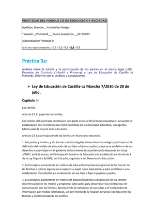 PRÁCTICAS DEL MÓDULO III DE EDUCACIÓN Y SOCIEDAD
Apellidos, Nombre __Ana Núñez Hidalgo
Titulación _2ºA Infantil___ Curso Académico __2012/2013
Autoevaluación Prácticas III
(0-0,5 ptos. según corresponda.) : 0,1 - 0,2 - 0,3 - 0,4 - 0,5
Práctica 3a:
Análisis sobre la tutoría y la participación de los padres en el marco legal (LOE,
Decretos de Currículo (Infantil y Primaria) y Ley de Educación de Castilla la
Mancha). Informe con el análisis y conclusiones.
 Ley de Educación de Castilla-La Mancha 7/2010 de 20 de
julio.
Capítulo III
Las familias
Artículo 22. El papel de las familias.
Las familias del alumnado constituyen una parte esencial del proceso educativo y, actuando en
colaboración con el profesorado como miembros de la comunidad educativa, son agentes
básicos para la mejora de la educación.
Artículo 23. La participación de las familias en el proceso educativo.
1. Los padres y madres, y los tutores o tutoras legales tienen derecho a elegir y participar en la
definición del modelo de educación de sus hijos e hijas o pupilos, a asociarse en defensa de sus
derechos y a participar en el gobierno de los centros de acuerdo con lo dispuesto en la Ley
3/2007, de 8 de marzo, de Participación Social en la Educación y lo establecido en el artículo 4
de la Ley Orgánica 8/1985, de 3 de julio, reguladora del Derecho a la Educación.
2. La Consejería competente en materia de educación impulsará programas de formación de
las familias o tutores legales para mejorar su papel como educadores y para contribuir a una
colaboración más efectiva en la educación de sus hijos e hijas o pupilos y pupilas.
3. La Consejería competente en materia de educación pondrá a disposición de los centros
docentes públicos los medios y programas adecuados para desarrollar vías electrónicas de
comunicación con las familias, favoreciendo la realización de consultas y el intercambio de
información por medios telemáticos, sin detrimento de la relación personal y directa entre las
familias y el profesorado de los centros.
 