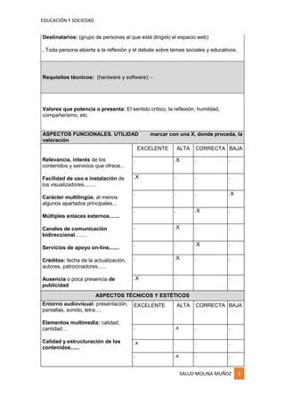 EDUCACIÓN Y SOCIEDAD
SALUD MOLINA MUÑOZ 4
Destinatarios: (grupo de personas al que está dirigido el espacio web)
. Toda persona abierta a la reflexión y el debate sobre temas sociales y educativos.
Requisitos técnicos: (hardware y software): -
Valores que potencia o presenta: El sentido crítico, la reflexión, humildad,
compañerismo, etc.
.
ASPECTOS FUNCIONALES. UTILIDAD marcar con una X, donde proceda, la
valoración
Relevancia, interés de los
contenidos y servicios que ofrece...
Facilidad de uso e instalación de
los visualizadores........
Carácter multilingüe, al menos
algunos apartados principales...
Múltiples enlaces externos.......
Canales de comunicación
bidireccional........
Servicios de apoyo on-line.......
Créditos: fecha de la actualización,
autores, patrocinadores......
Ausencia o poca presencia de
publicidad
EXCELENTE ALTA CORRECTA BAJA
. .X . .
.X . . .
. . . .X
. . .X .
. .X . .
. . .X .
. .X . .
.X . . .
ASPECTOS TÉCNICOS Y ESTÉTICOS
Entorno audiovisual: presentación,
pantallas, sonido, letra....
Elementos multimedia: calidad,
cantidad…
Calidad y estructuración de los
contenidos......
EXCELENTE ALTA CORRECTA BAJA
. .x . .
.x . . .
. .x . .
 