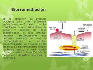 Biorremediación

Es    la  aplicación   de    procesos
biológicos para tratar problemas
ambientales, está dentro de las
tecnologías para el tratamiento de
suelos    y    fuentes     de    agua
contaminadas     y    para    procesar
desechos.     Históricamente      este
proceso involucraba el uso de
microorganismos        o      plantas.
Biorremediación. La mayoría de los
procesos de biorremediación pueden
realizarse insitu, lo cual reduce
costos y evita disrupción de la
operación, simplifica logística y
minimiza el
 