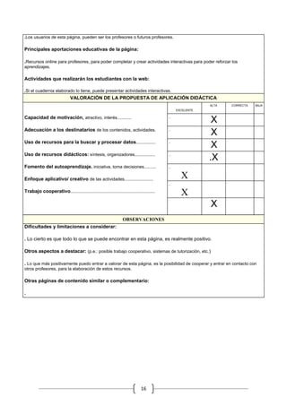 .Los usuarios de esta página, pueden ser los profesores o futuros profesores.

Principales aportaciones educativas de la página:

.Recursos online para profesores, para poder completar y crear actividades interactivas para poder reforzar los
aprendizajes.

Actividades que realizarán los estudiantes con la web:

.Si el cuadernia elaborado lo tiene, puede presentar actividades interactivas.
                               VALORACIÓN DE LA PROPUESTA DE APLICACIÓN DIDÁCTICA
                                                                                                                ALTA        CORRECTA   BAJA
                                                                                                EXCELENTE
                                                                                                                        .              .
Capacidad de motivación, atractivo, interés............                                     .
                                                                                                                .X
                                                                                                                        .              .
Adecuación a los destinatarios de los contenidos, actividades.                              .
                                                                                                                .X
                                                                                                                        .              .
Uso de recursos para la buscar y procesar datos................                             .
                                                                                                                .X
                                                                                                                        .              .
Uso de recursos didácticos: síntesis, organizadores.................                        .
                                                                                                                .X
                                                                                                            .           .              .
Fomento del autoaprendizaje. iniciativa, toma decisiones..........                          .

Enfoque aplicativo/ creativo de las actividades........................                           X
                                                                                                            .           .              .
                                                                                            .
Trabajo cooperativo......................................................................
                                                                                                  X
                                                                                            .                           .              .

                                                                                                                .   X
                                                                  OBSERVACIONES
Dificultades y limitaciones a considerar:

. Lo cierto es que todo lo que se puede encontrar en esta página, es realmente positivo.

Otros aspectos a destacar: (p.e.: posible trabajo cooperativo, sistemas de tutorización, etc.)

. Lo que más positivamente puedo entrar a valorar de esta página, es la posibilidad de cooperar y entrar en contacto con
otros profesores, para la elaboración de estos recursos.

Otras páginas de contenido similar o complementario:

.




                                                                               16
 